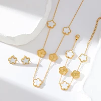 Stainless Steel White Plum Blossom Plant Leaf Flower Set Reversible Necklace Earrings Bracelet Women Clover Jewelry - Image 3