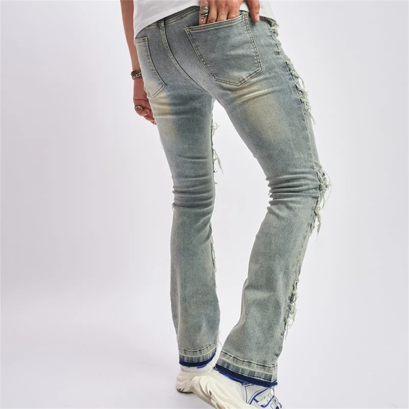 Men's Distressed Ripped Denim Pants Mid Waist Straight Fit Destroyed Washed Skinny Jeans Stretch Stacked Trousers Streetwear