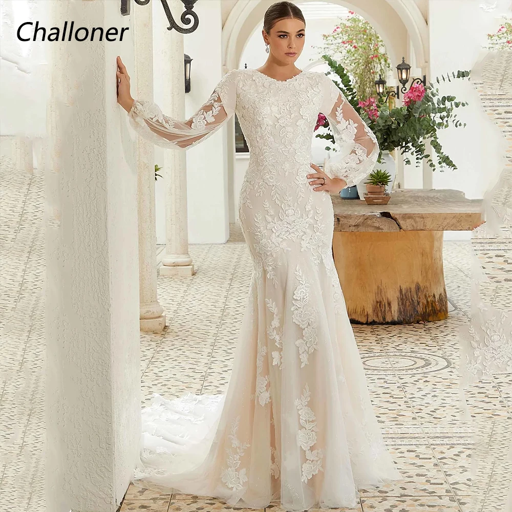 

Challoner Elegant O-Neck Mermaid Wedding Dress Long Puff Sleeves Lace Applique Floor Length Bridal Gown Vestidos De Novia New