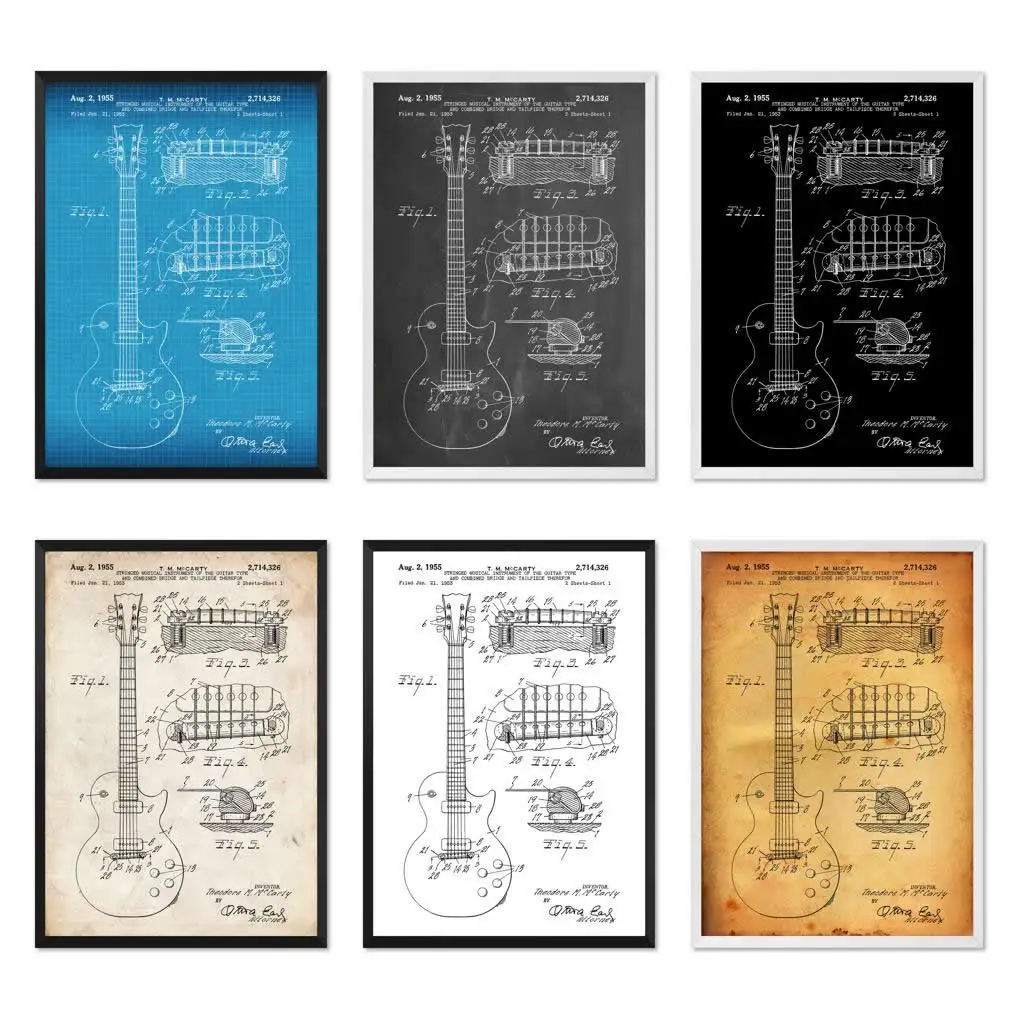 Vintage Gibson Les Paul 1955 Brevetto Per Chitarra Blueprint Art Canvas Poster Per Soggiorno Decor Home Wall Picture