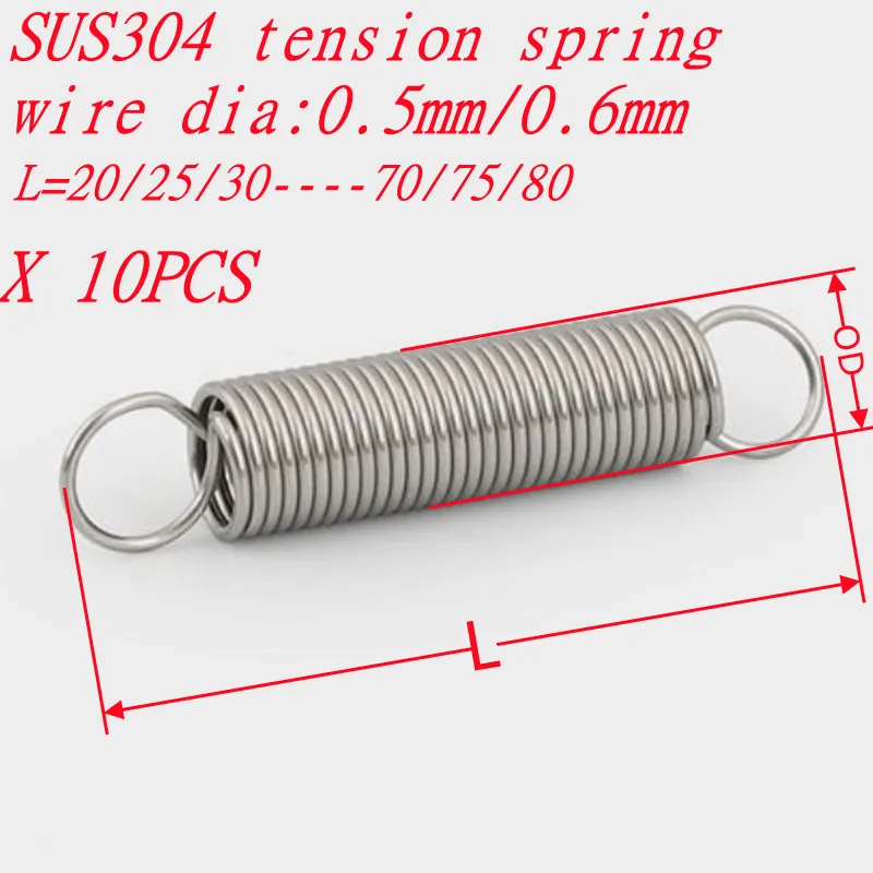 10pcs wire diameter 0.5mm 0.6mm stainless steel Tension spring with O hook  extension spring length 20mm to 80mm