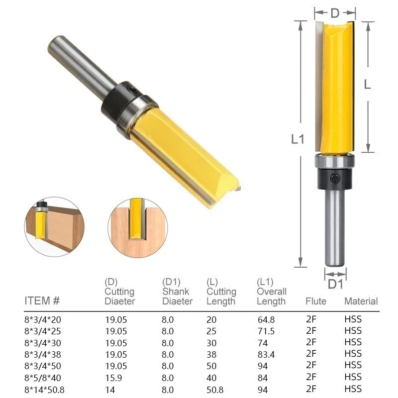 Xcan Holz fräser 8mm Schaft bündig Trimm fräser Bit muster Bit schablone gerade Mühle mit Lager Tischler Werkzeug – Detail 3