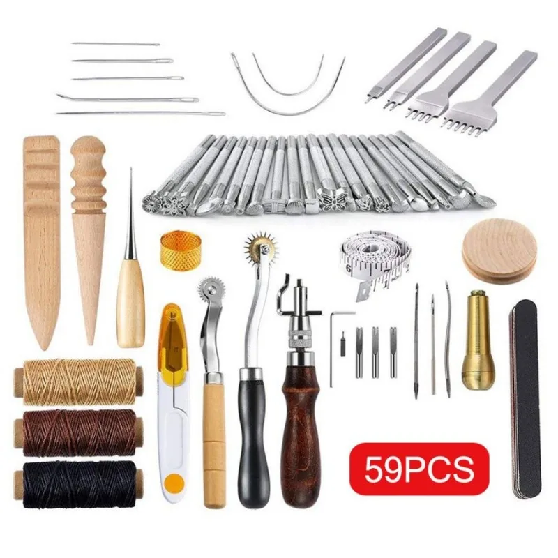 59 Pcs/Set Leather Craft Hand Tools Kit for Hand Sewing Stitching Stamping Saddle Making Groover