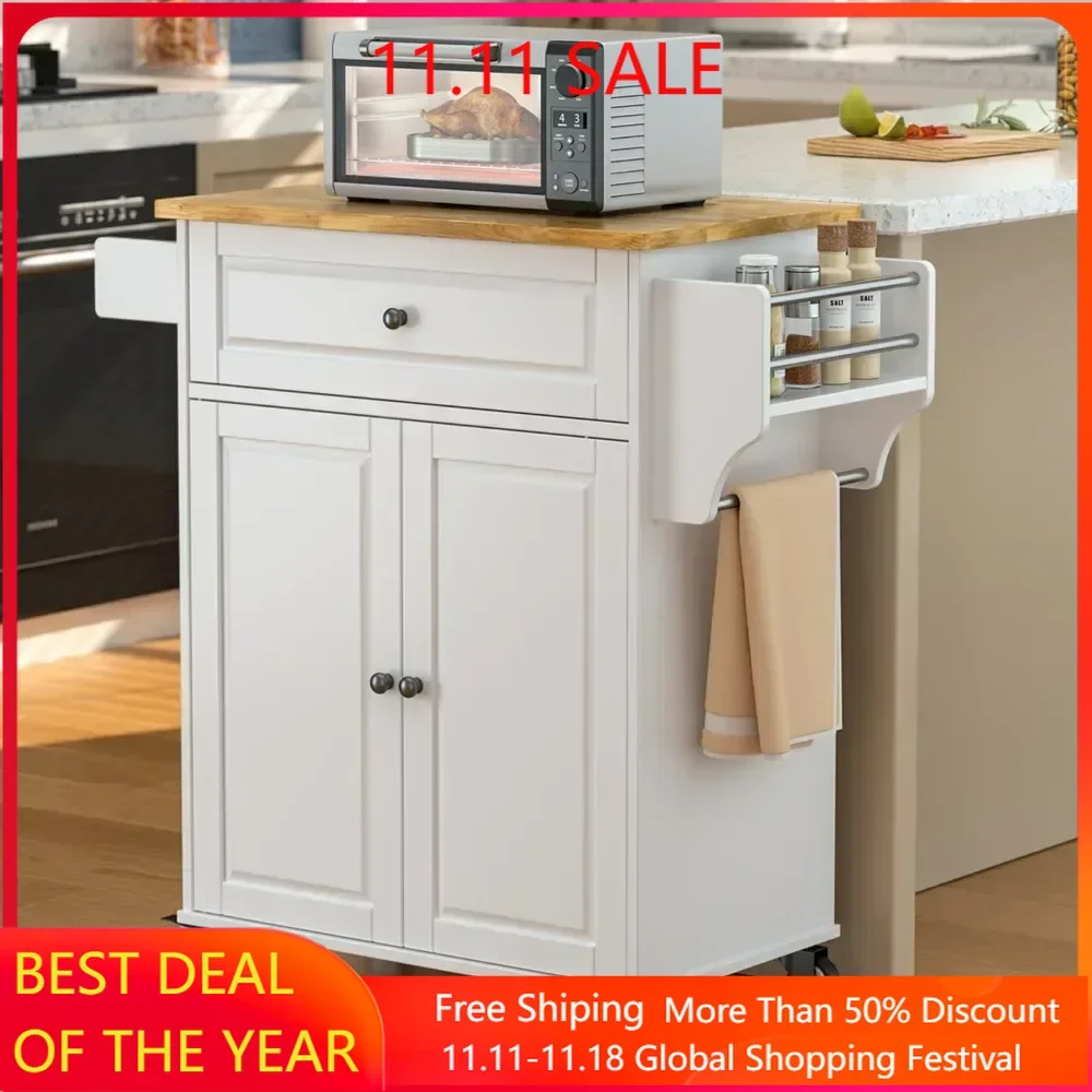 Storage Rack Trolley, 35.8 Inch Wide Mobile Kitchen Island Cart with Adjustable Shelves and Storage Cabinets, White Trolley