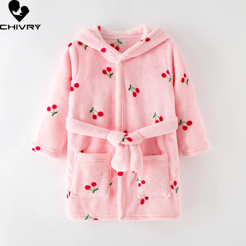 Autumn Winter Kids Hooded Flannel Bathrobe Baby Bath Robes Boys Girls Cartoon Dinosaur Warm Pajamas Long Sleeve Towel Robe