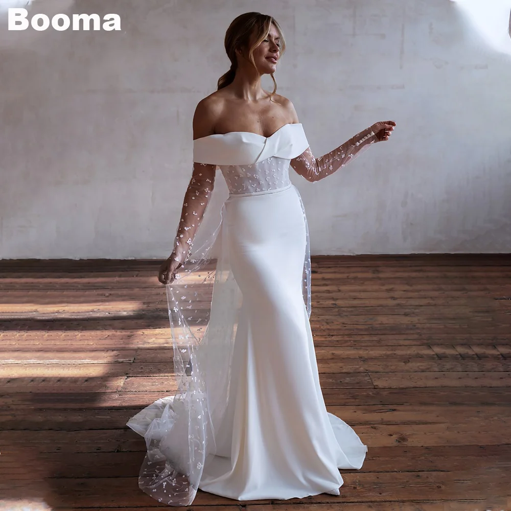 

Booma Generous Mermaid Wedding Dresses Off Shoulder Stain Lace Bride Party Dress Button Sweep Train Women's Bridal Evening Gowns