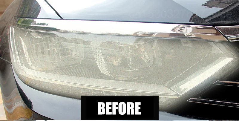 Car headlight restoration polishing kit with cleaning paste and repair tools, designed to refurbish and protect headlamp lenses and car paint surfaces. before