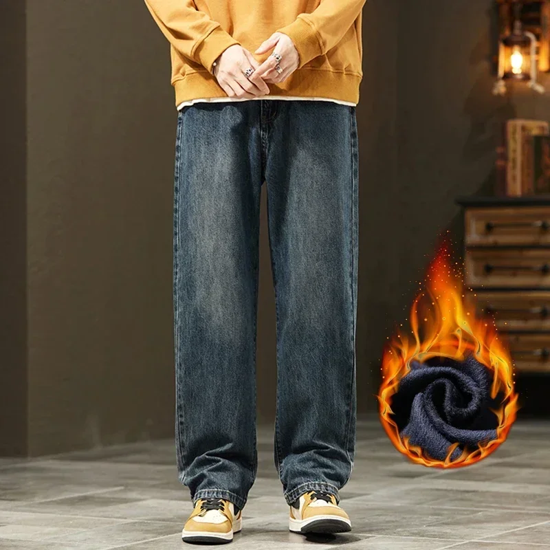 Thick Vintage Jeans Men's Winter Straight Warm Fleece Baggy Thermal Denim Trousers Fashion Korean Wide Male Plush Pants 4