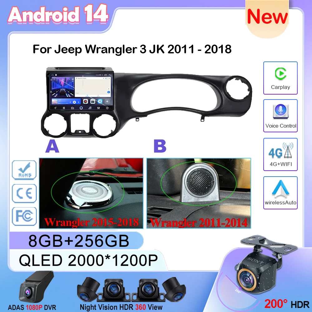지프 랭글러 3 JK 2011 - 2018 LHD/RHD 블루투스 멀티미디어 비디오 플레이어, 내비게이션 GPS 360 카메라 QLED, 안드로이드 14 카플레이