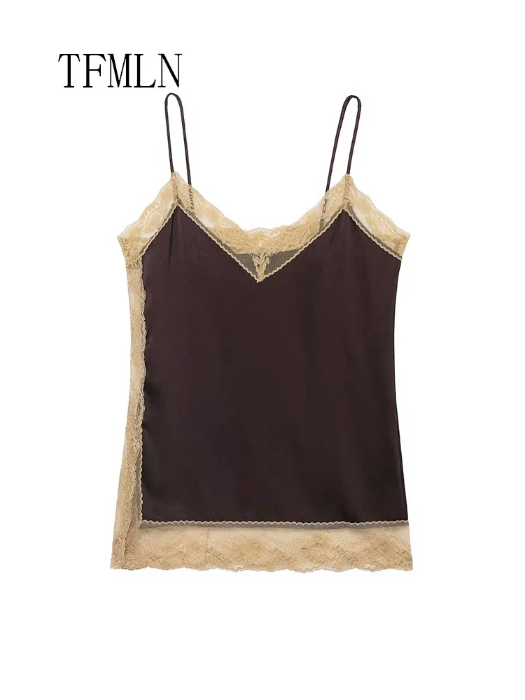 Sexy Women Lace Patchwork Camisole Tops 2026 Spring Summer V-neck Sleeveless Causal Spaghetti Strap Top Sweet Backless Underwear