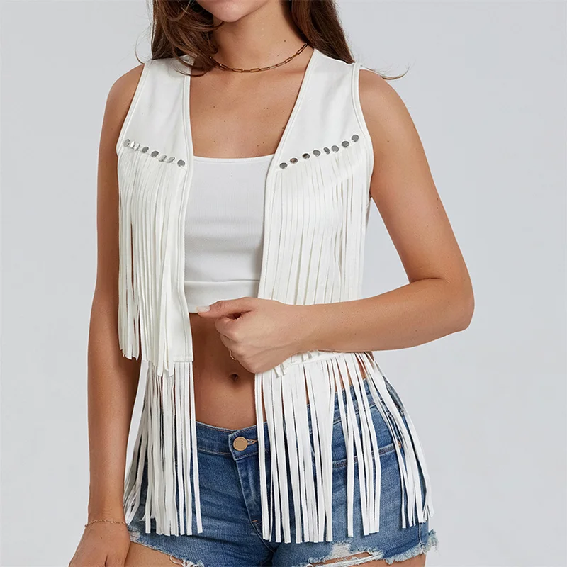 Gilet Chauffant Femme à Franges - Style Vintage Années 70 Ouvert Devant - Veste Western Bohème Sans Manches - Matière Polyester Confortable