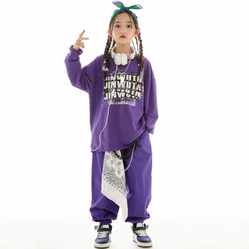 Jazz Dance Clothes Girls Hip Hop Costume Loose Coat Purple Pants Boys Breaking Street Dance Outfit Long Sleeves Suit L11600