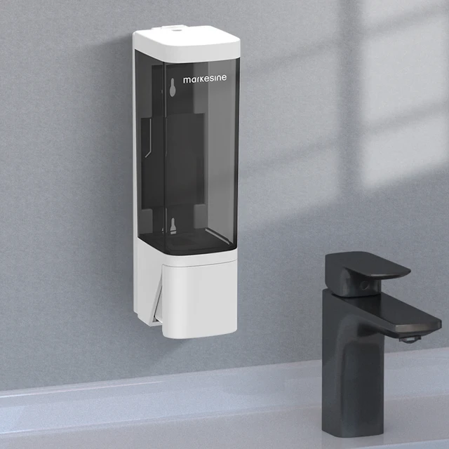 เครื่องจ่ายสบู่ติดผนังขนาด 350 มล. ไม่ต้องเจาะ - กันน้ำสำหรับแชมพู ครีมอาบน้ำ สบู่ล้างมือ โลชั่น ดีไซน์เรียบง่ายสำหรับห้องน้ำ 1