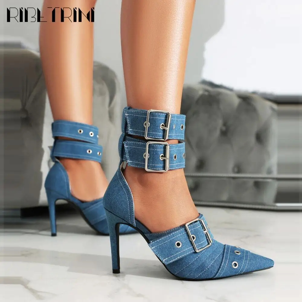 

Sexy Pointed Toe Women Pumps Buckle Stiletto High Heels Ankle Strap Demin Fashion Design Party Dress Wedding Metallic Shoes