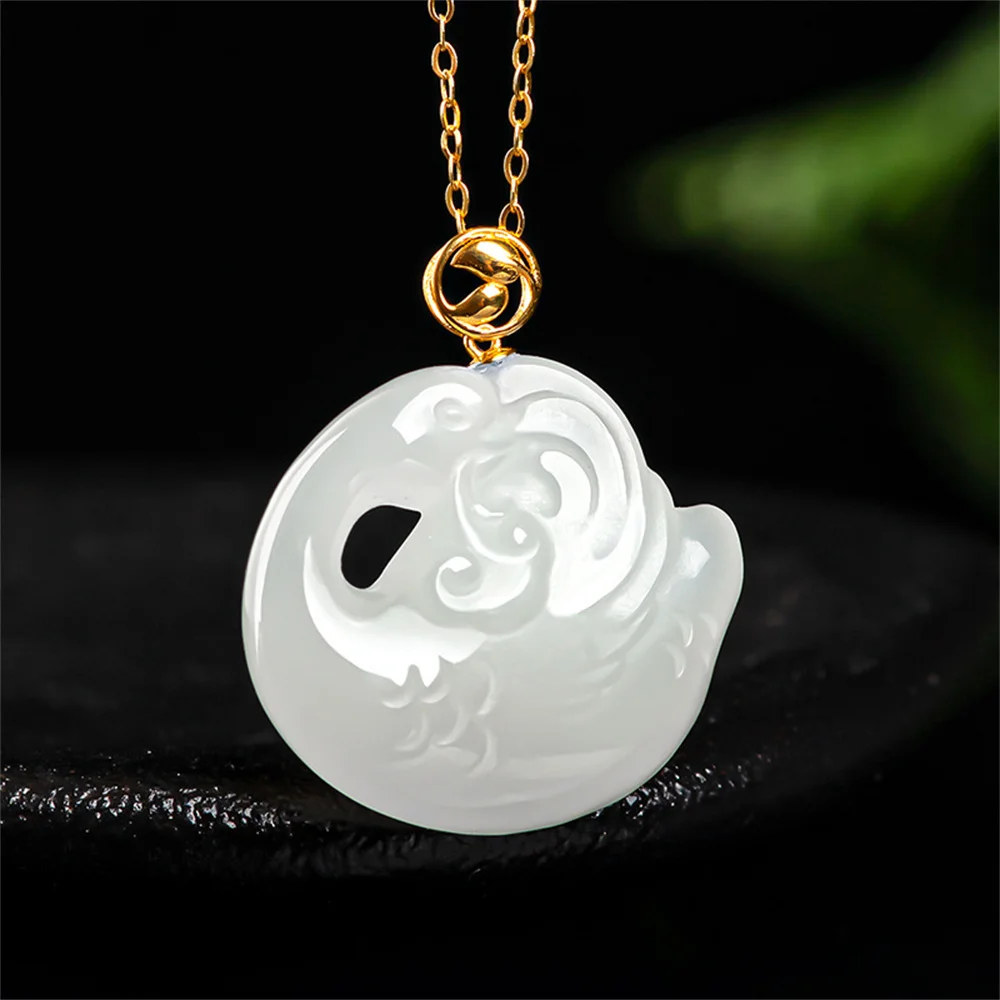 Oro 18 Carati Naturale Bianco Hetian Jade Charm Swan Beauty Lucky Ciondolo Amuleto Collana A Catena Certificato Party Luxury Jade Jewelry