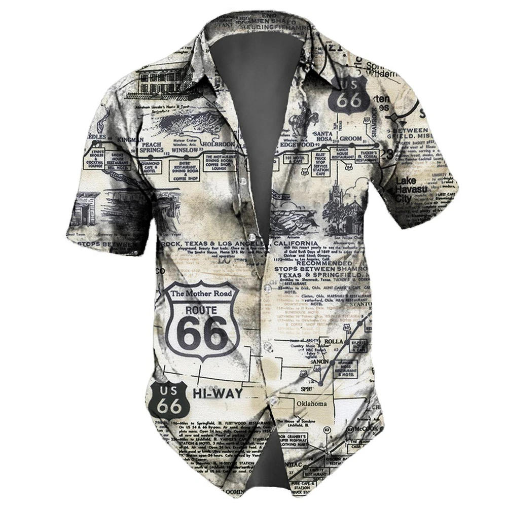 Men Shirts Route 66 Print Short Sleeve Tops Summer Clothing American Landmarks Pattern Oversized Tees Streetwear for denim shirt flannel shirt cotton shirt long sleeve shirt silk shirt men pirate shirt men glitter shirt