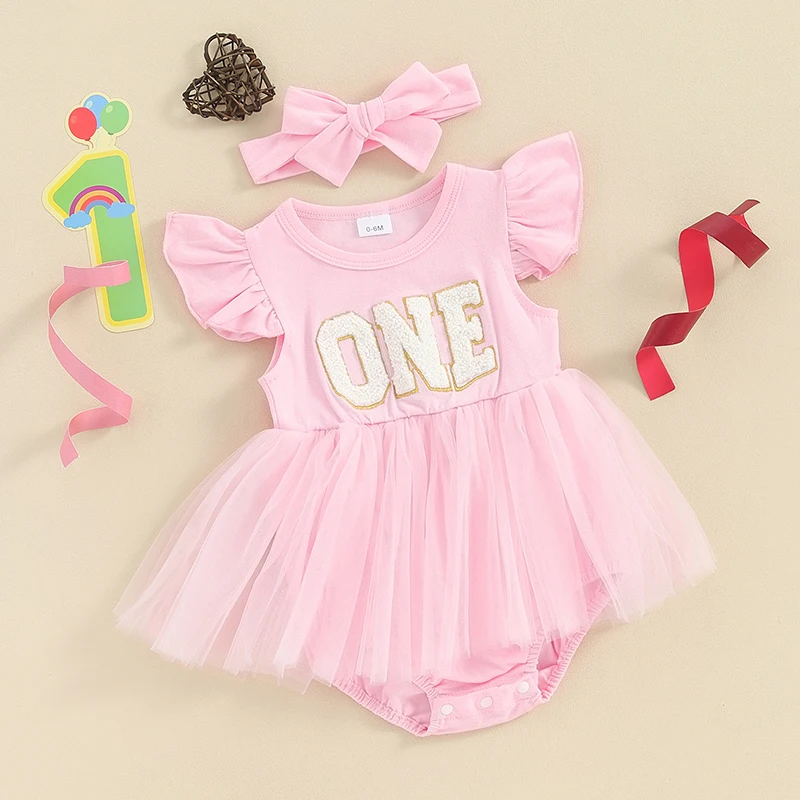 

Newborn Baby Girls Rompers Dress Ruffle Short Sleeve Ribbed Tops Letter Printed Embroidery Headband Outfits Set
