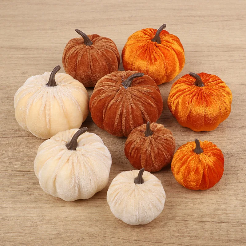 9pcs Velvet Artificial Pumpkins 3 Size Mixed for Halloween Party Thanksgiving Home Table Decoration Autumn Fall DIY Craft Wreath