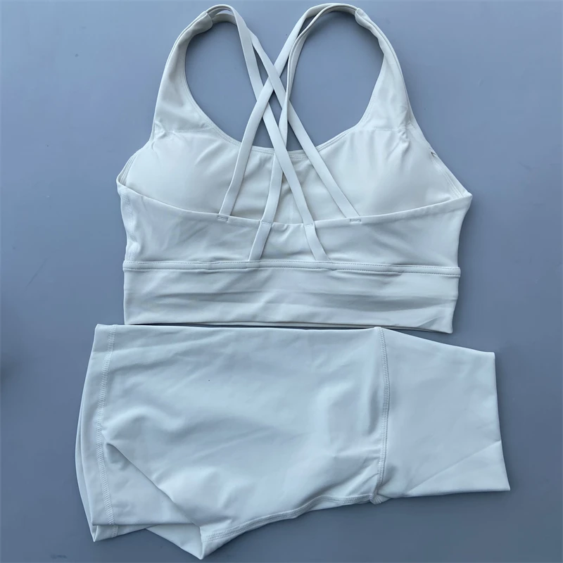 2 Piece Yoga Set Gym Sports Shorts Set Women Workout Outfit Fitness Suit Cross Straps Bra High Waist Shorts Running Tracksuit 4