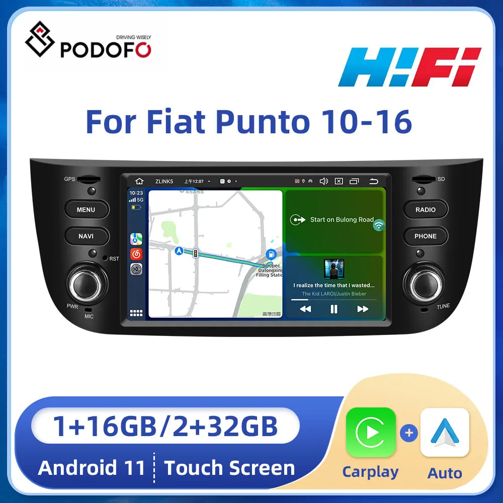 Podofo 2Din 16G Android11 Autoradio Per Fiat Punto 10-16/Linea 12-15 Supporto Carplay Autoradio Stereo Gps Hifi Music Player