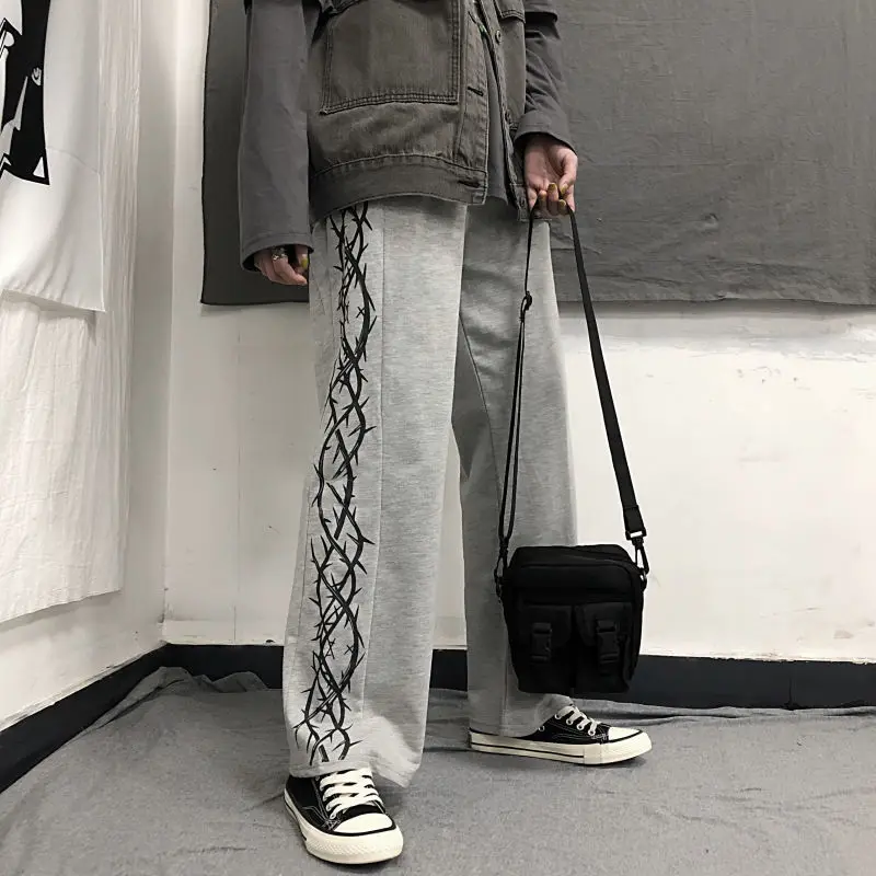spring autumn male korean fashion vintage brambles printing straight pants hombre loose casual trousers men's trend sweatpants