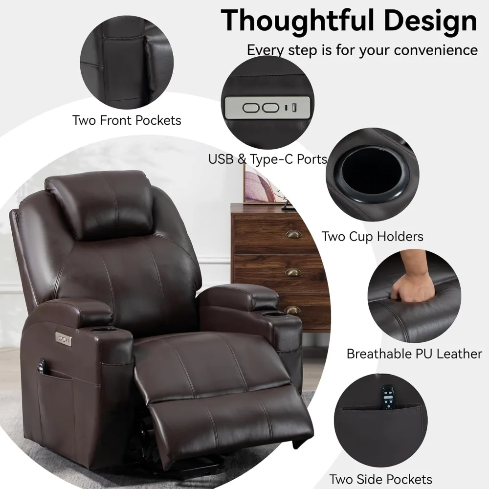 Recliner Lift Chair with Massage and Heating Function,Power Lift Recliner Chair with USB and Type-C Ports PU Leather Brown