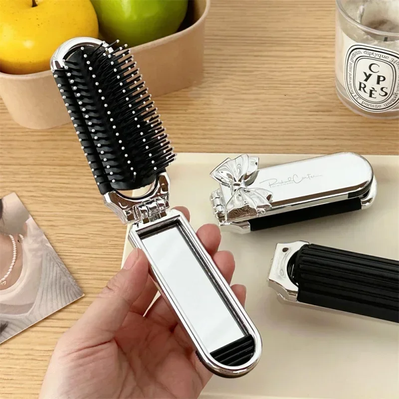 Simplicity Hair Brush with Mirrors Women Girl Fashion Sliver Color Bow Air Cushion Comb Portable Travel Hair Comb