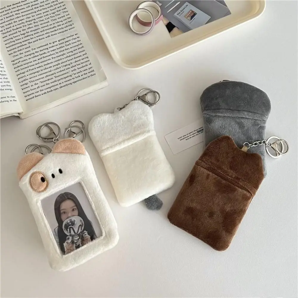 Kawaii Bear Dog Cat Rabbit Plush Photocard Holder Kpop Idol Photo Holder Girl Cute Keychain ID Credit Protector Stationery