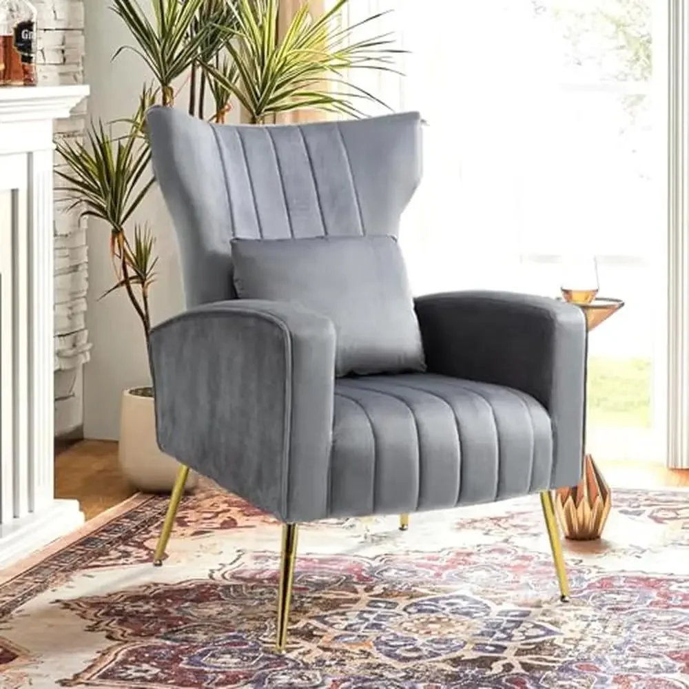 Accent Chairs Set of 2 with Wingback & Lumbar Pillow Velvet Upholstery Cozy Seating Mid-Century Style Living Room Bedroom Office