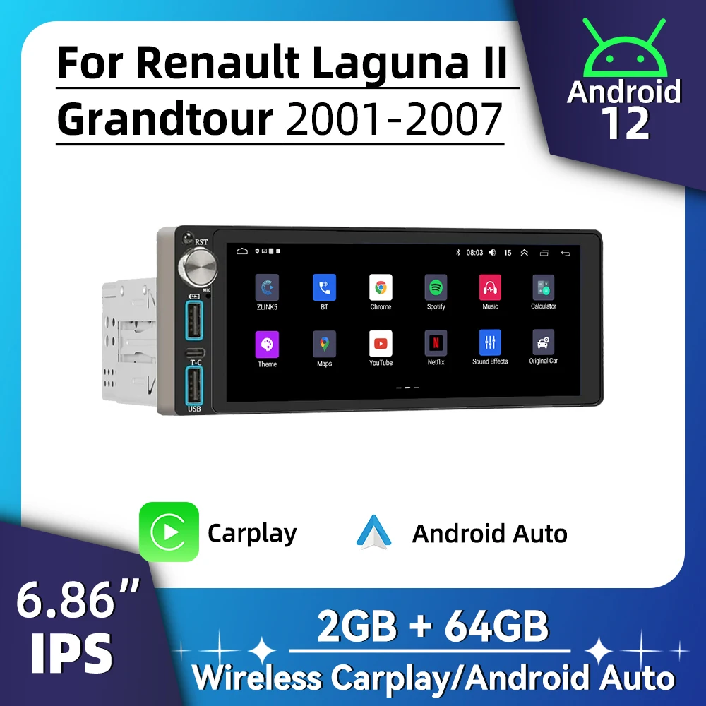 

6.86" Screen Android Car Multimedia for Renault Laguna II Grandtour 2001-2007 1 Din Radio Stereo Head Unit Carplay Autoradio GPS