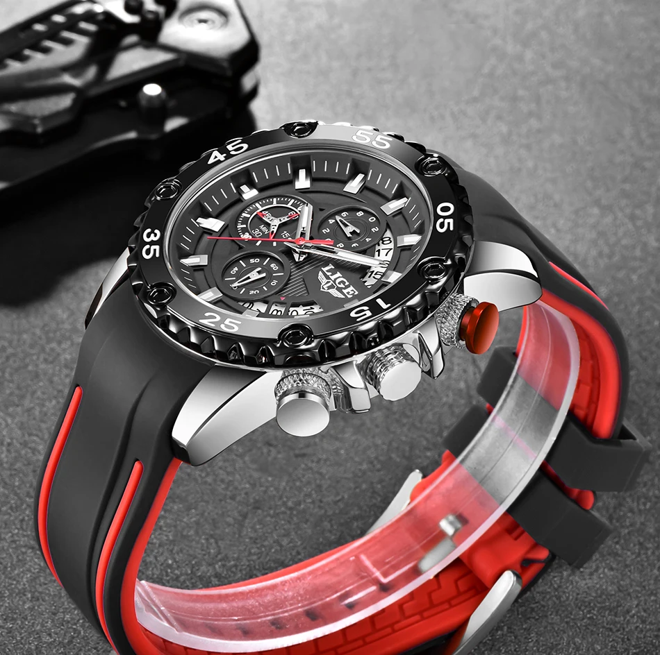 LIGE Casual Mens Watch Sports Waterproof Silicone Strap Quartz Watch For Men Big Dial Chronograph Man Date Clock Male Wristwatch