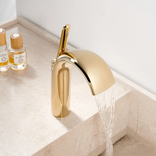 ทองเหลืองก๊อกน้ําอ่างล้างหน้าสําหรับห้องน้ําร้อนและเย็นน้ําตก Spout Washroom Sink Tap 1