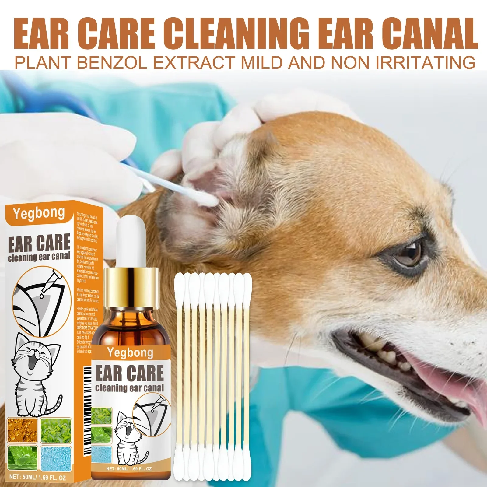Pet Ear Cleaner with Cotton Swab, Cat and Dog Ear Mite Removal, Itching Relief, Cleaning Drops, Canal Deodorization