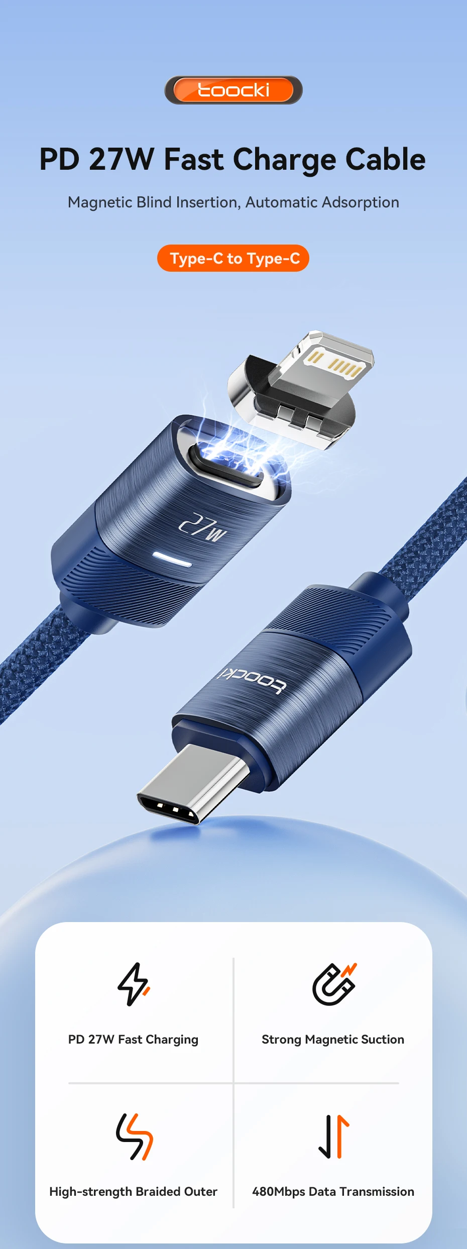 PD 27W Magetic Cable for iPhone 14 13 12 11 Pro Max XR XS 8 7 Type C to Lighting