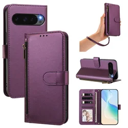Elegant Leather Wallet Phone Case with Wrist Strap and Zipper Card Holder - Google Pixel 9 ProXL (Deep Purple)