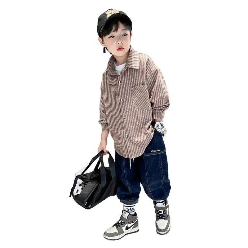 Boys Striped Shirt Spring Autumn Loose Thin Middle Large Children's Clothing Trendy Boy Jacket Children's Blouse