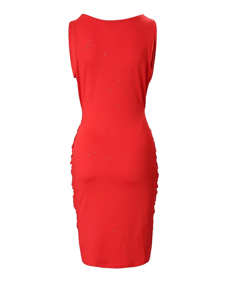 New Sexy Women Twist Design Plunging Neck Glitter Party Dress Summer Sleeveless Elegant Bodycon Mini Skinny Dresses Red