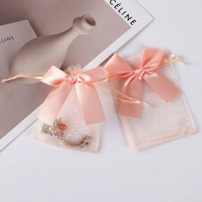 10PCS Sweet Bowknot Organza Mesh Bags Wedding Candy Gifts Storage Bag Pouches Earring Jewelry Packaging Bag