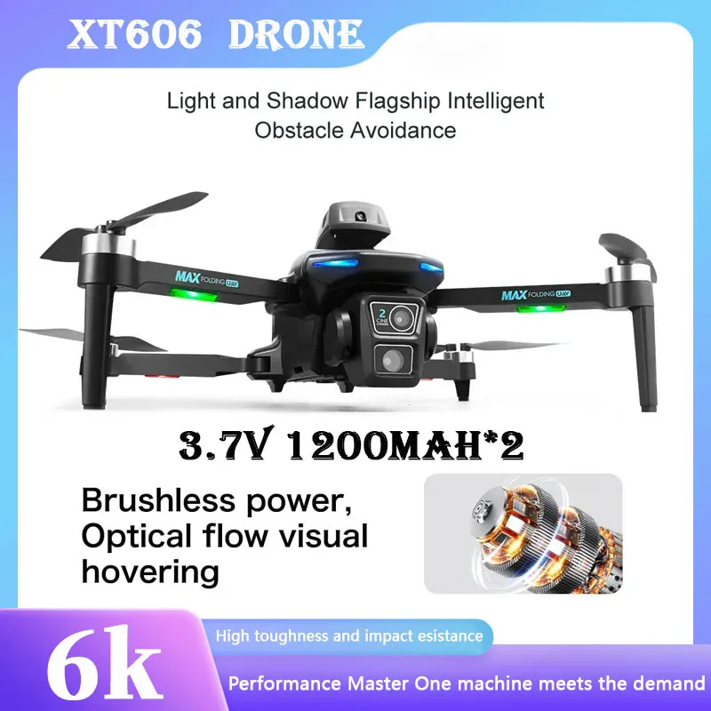 Дрон XT606 с двумя камерами, Квадрокоптер с бесщеточным Мотором и препятствиями, Радиоуправляемый вертолет, 2 аккумулятора, 6k