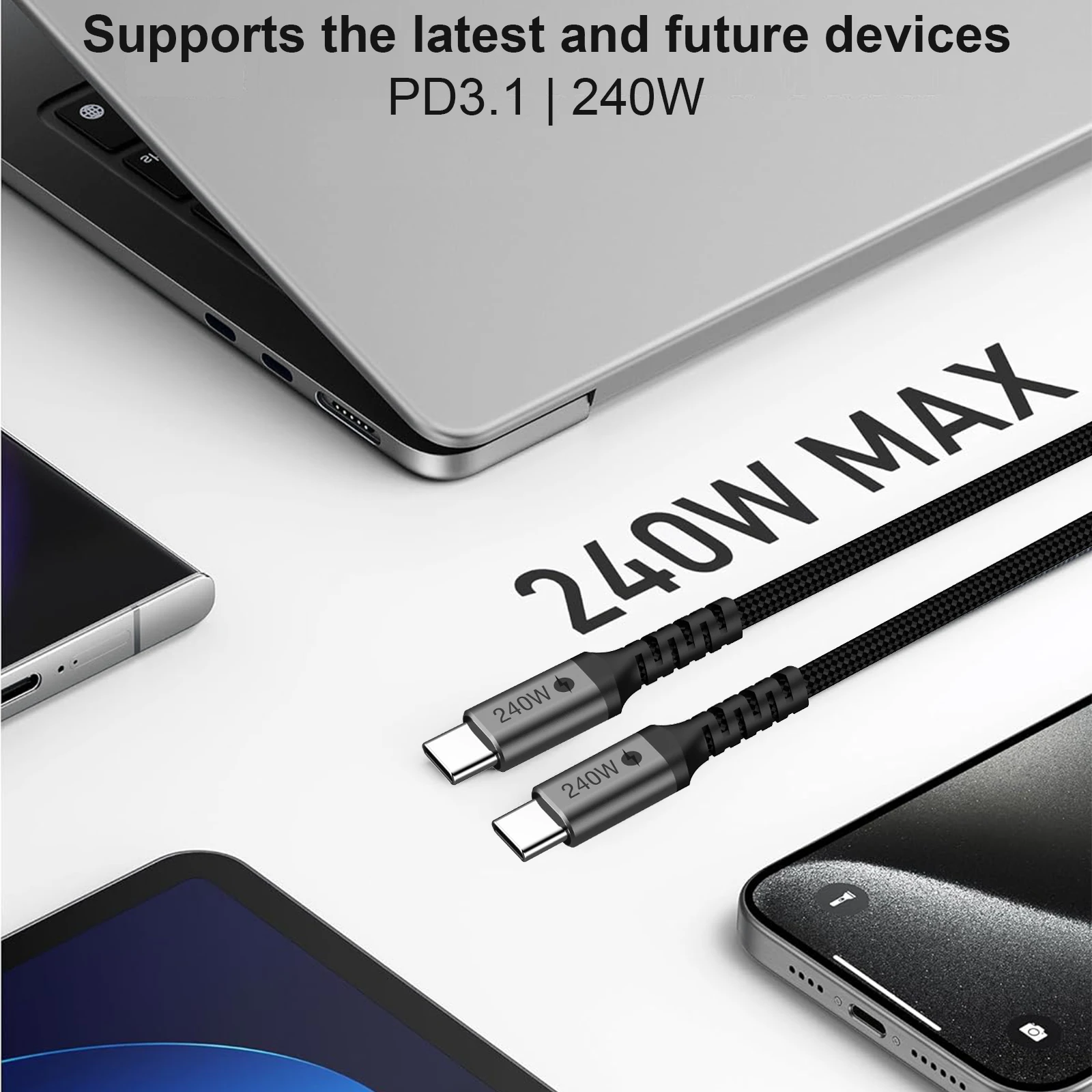 High-Power USB-C to USB-C Black Braided Fast Charging Cable
