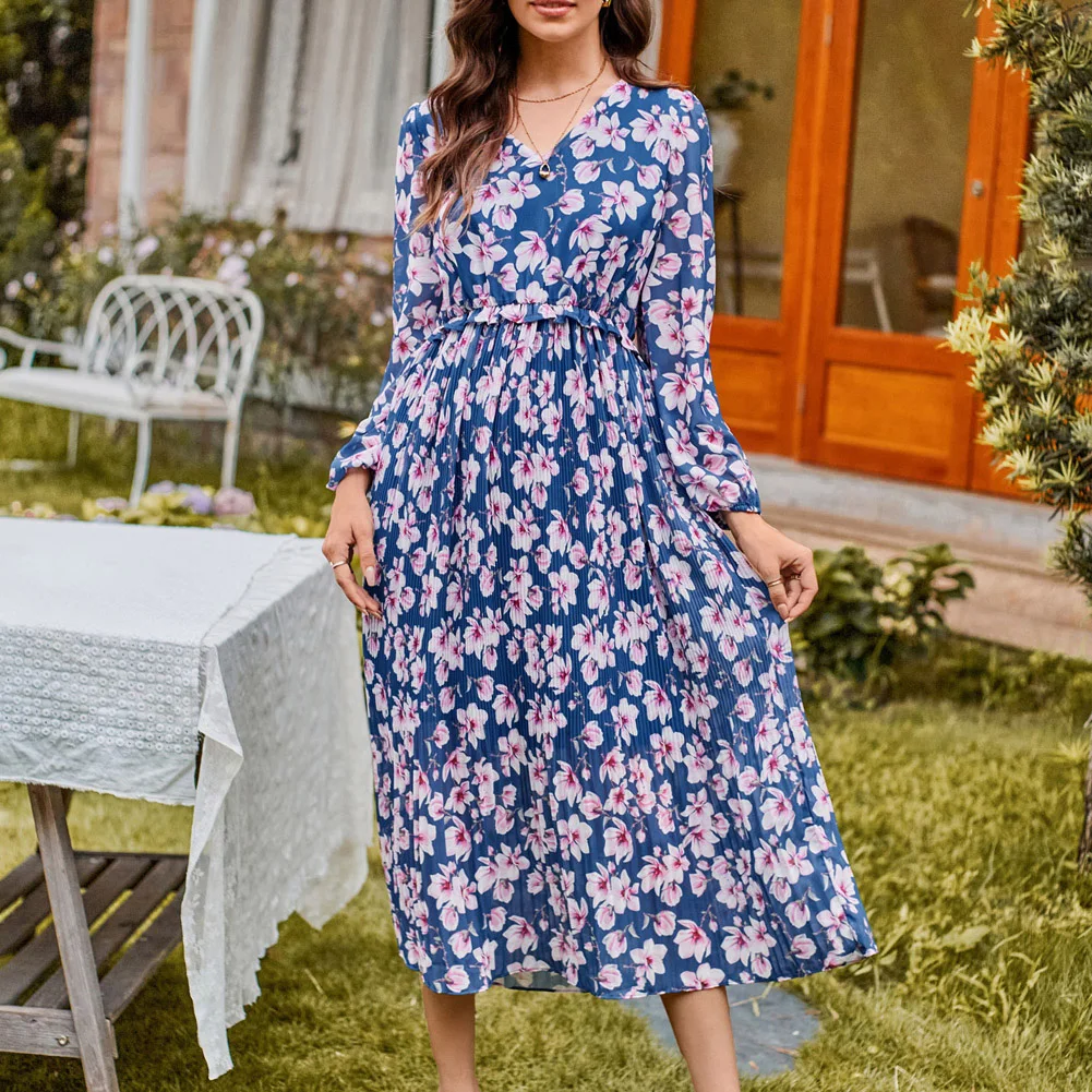 

GK Women Print Vintage Midi Dress Elastic Waist Long Sleeve V-Neck Pleated A-Line Dress Causal Fashion Outwear Lady Street Wear