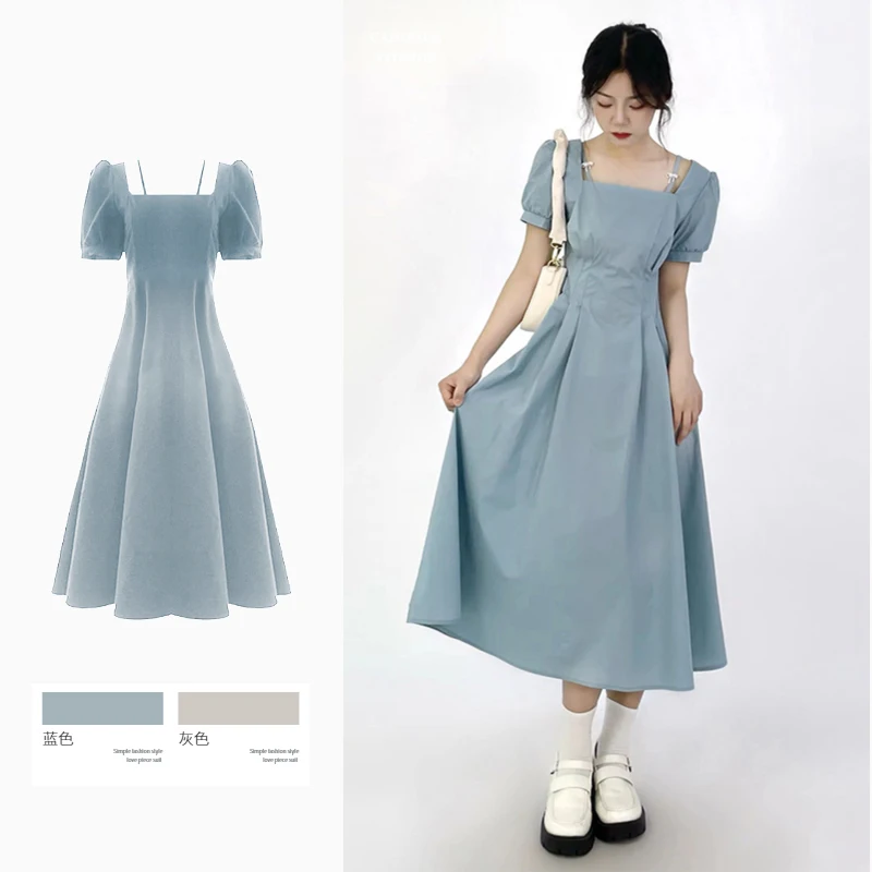 

Spring Summer Elegant Blue Dress Fashion Square Collar Puff Sleeve Female Dresses Korea High Waist Party Women's Dress Vestido