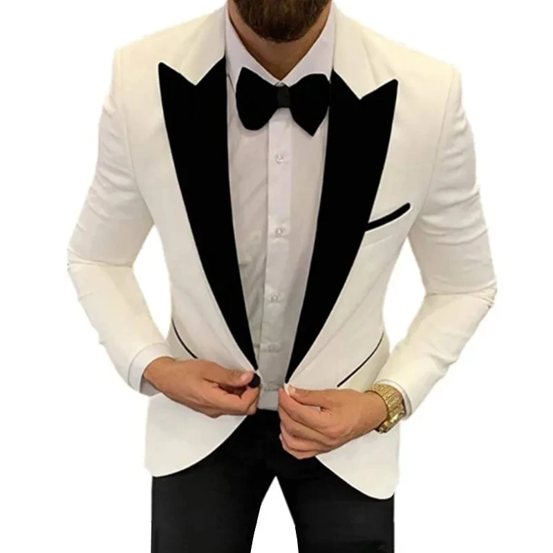 Fashion Men's Casual Business Single Button Suit 2 Pcs Set Male Slim Fit Suits Color Matching Collar Blazers Jacket Coat Pants