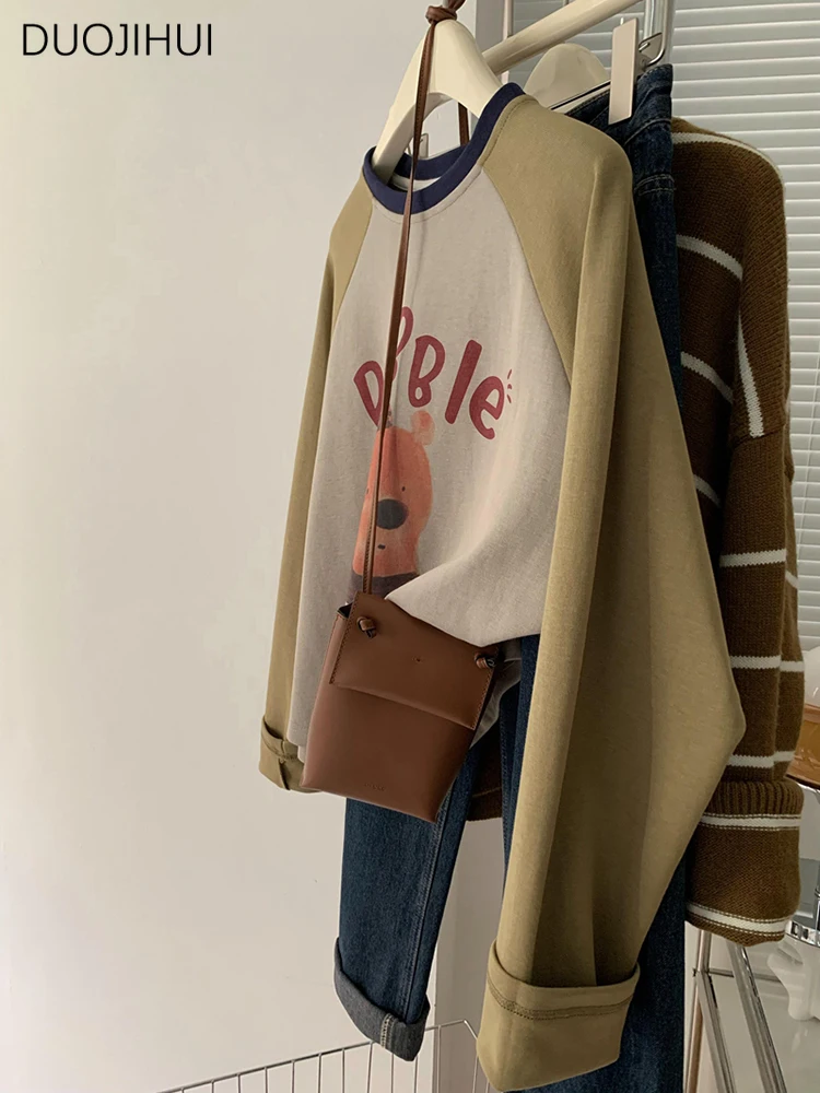 

DUOJIHUI Instagram Базовая буквенная печать контрастных цветов женские футболки Корейская Chicly с длинным рукавом модные простые повседневные женские футболки