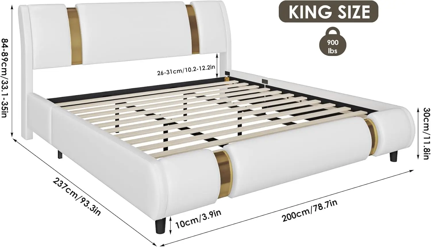 Modern Faux Leather Upholstered Platform Bed Frame with Golden Iron Metal Decor, Adjustable Curved Headboard,King Size, White 2