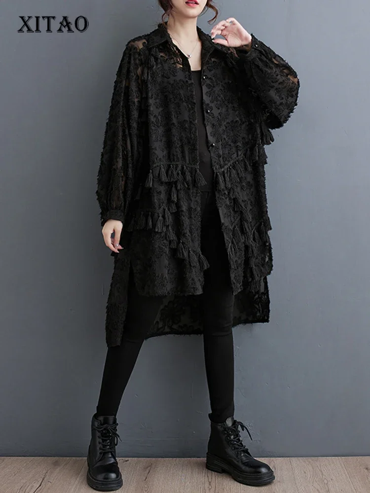 

XITAO Black Tassel Shirt Dress Perspective Fashion Long Sleeve Turn-down Collar Single Breasted Dress Loose New Women DMJ3414