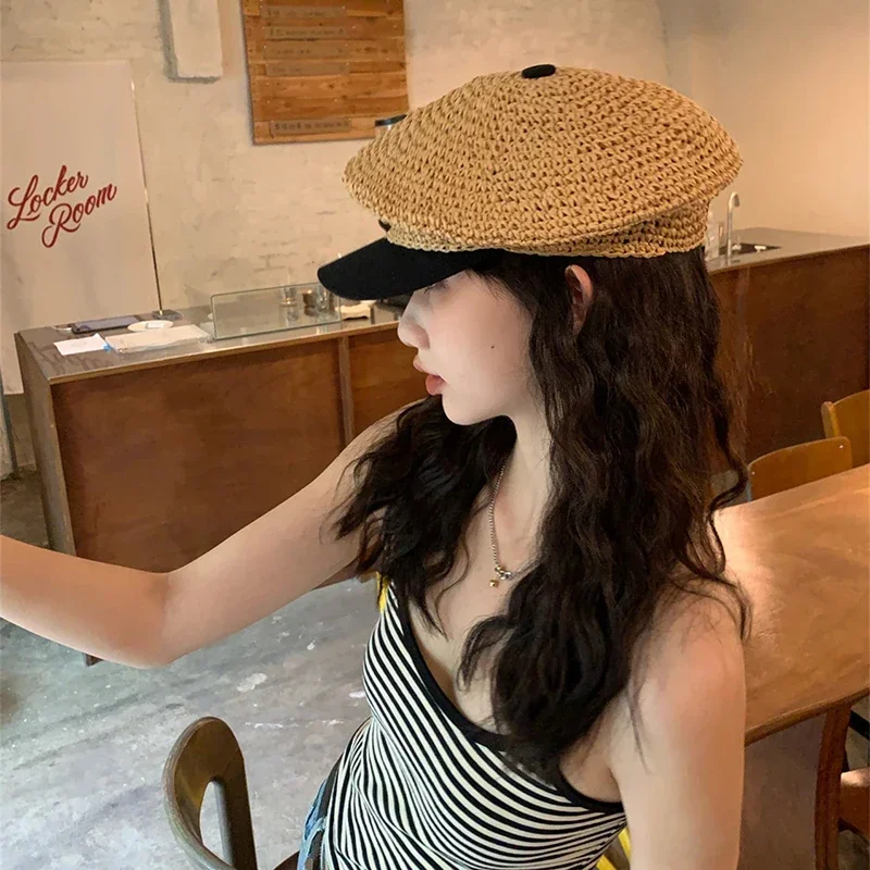 여성용 빨대 직조 베레모 모자, 야외 해변 빨대 모자, 조절 가능한 접합 모자, 우아한 프렌치 베레모, 여름 휴가