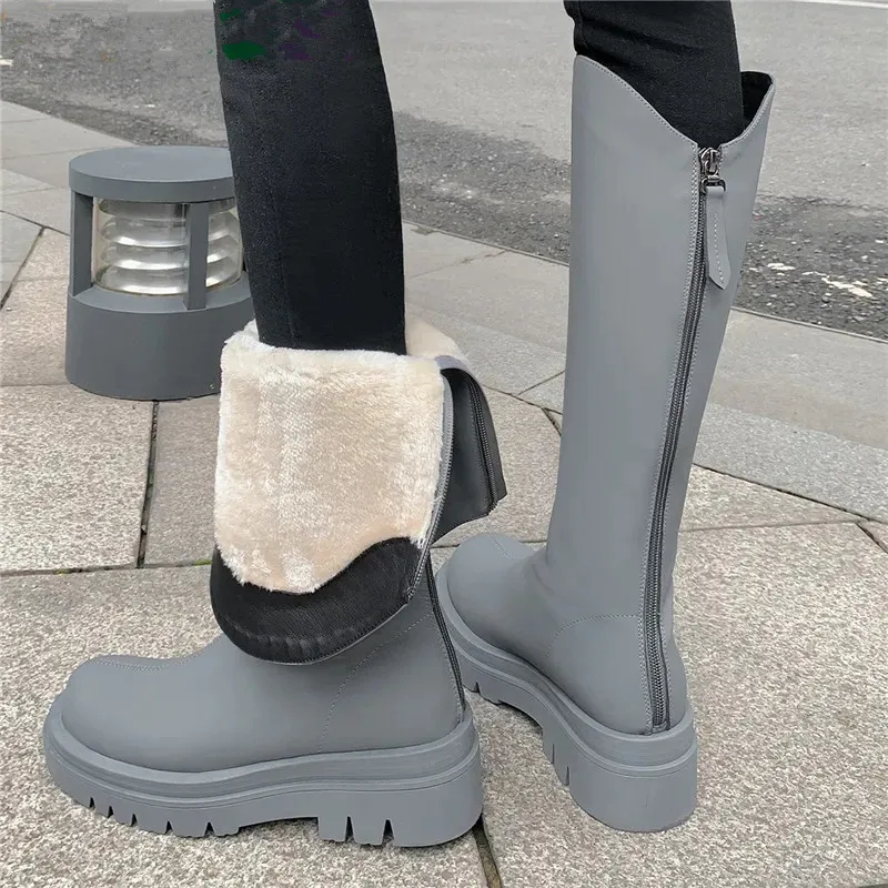 

2024 New Genuine Leather Wool Blend Snow Boots Square Med Heels Winter Boots Fashion Zipper Platform Knee High Boots
