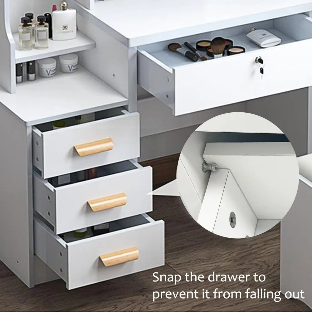 Makeup Vanity Set with Mirror and Light, Storage Drawer, Chair and Shelf, Adjustable Brightness Makeup Vanity with Light 5