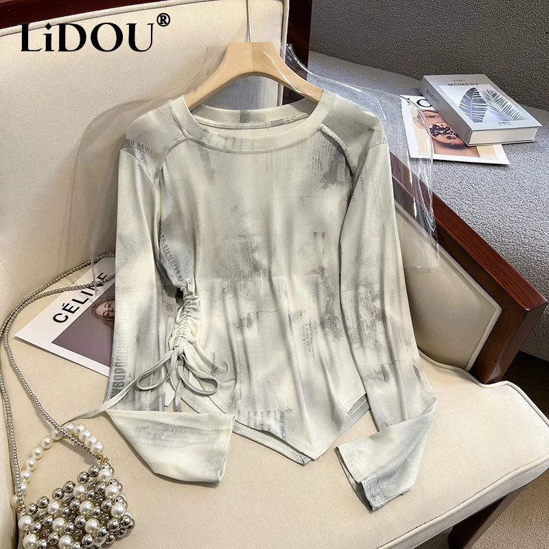 

Spring Autumn Streetwear Tie Dye Shirring T-shirt Ladies Long Sleeve Loose Casual Pullover Tee Women's All-match Bottoming Top